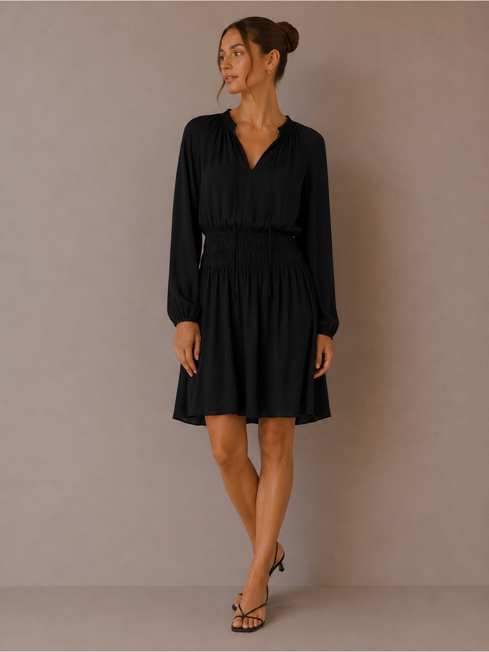 LOFT Black Long-Sleeve Smocked Waist V-Neck Dress